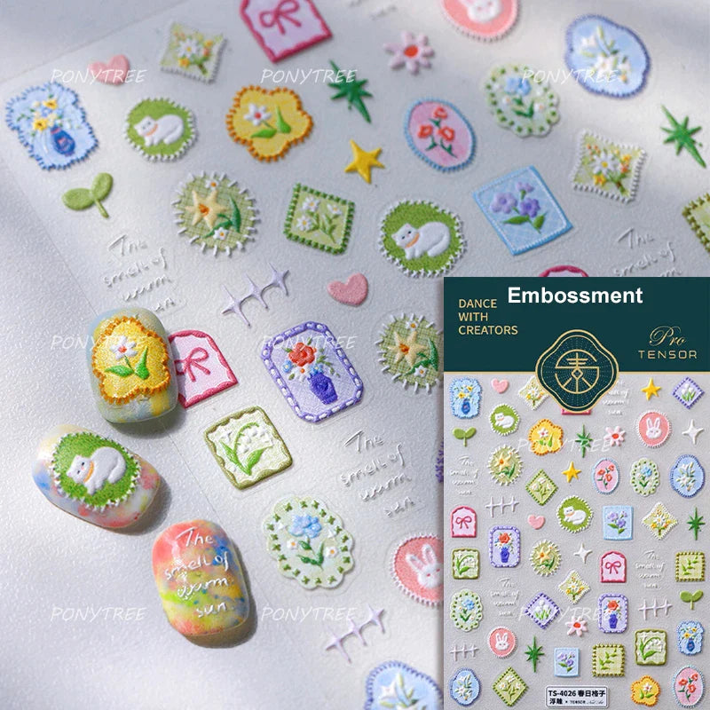 Cat Kitten Rabbit Flower Bouquet Bowknot Vase Bunny Grid Star Blocks Round Warm Sun Decoration Nail Art Stickers Manicure Decals (ONLINE ORDER ONLY)
