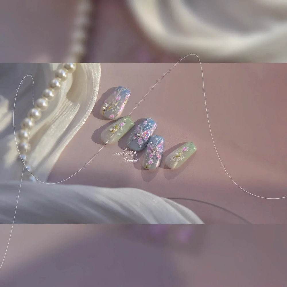 Blue Purple Tulip Flower Butterfly Garden Blossom Floral Charming Delicate 5D Relief Adhesive Nail Art Stickers Manicure Decals (ONLINE ORDER ONLY)