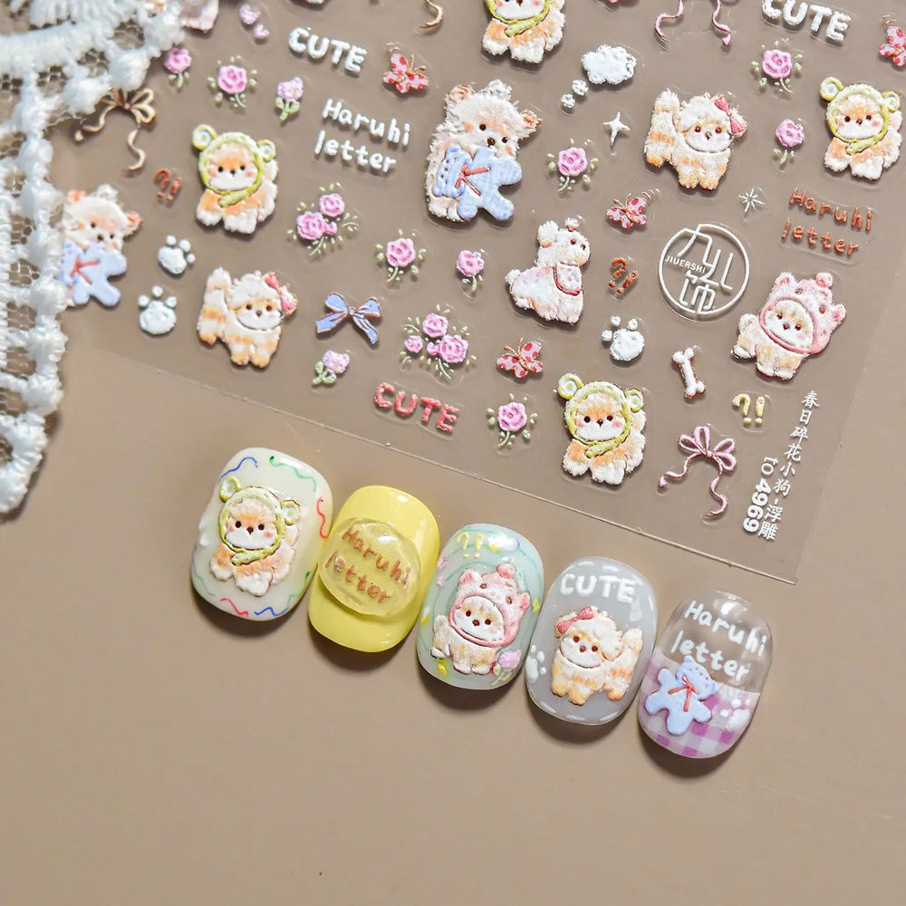 Spring Dog Bear Toy Rose Flower Floral Print Letter Bone Butterfly Cat Puppy Relief Adhesive Nail Art Stickers Manicure Decals (Online Order Only)