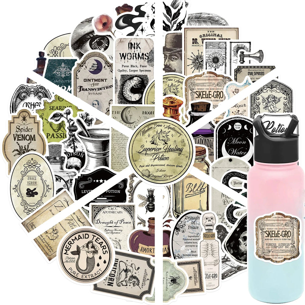 50PCS Retro Potion Label Gothic APothecary Stickers For Helmet Car Skateboard Laptop Phone Sticker DIY Graffiti Cool Decal (ONLINE ORDER ONLY)