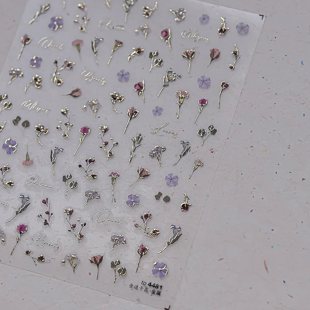 Dried Flowers Rose Butterfly Love Heart Golden Stroke Flying Crane Silver Adhesive Nail Art Stickers Rhinestone Manicure Decals (ONLINE ORDER ONLY)