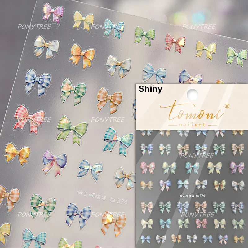 Shiny Pink Silver Gold Bowknot Tie Line Mini Delicate 3D 5D Self Adhesive Nail Art Stickers Embossment Rhinestone Manicure Decal (Online Order Only)