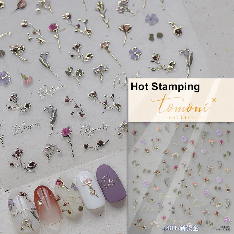 Dried Flowers Rose Butterfly Love Heart Golden Stroke Flying Crane Silver Adhesive Nail Art Stickers Rhinestone Manicure Decals (ONLINE ORDER ONLY)