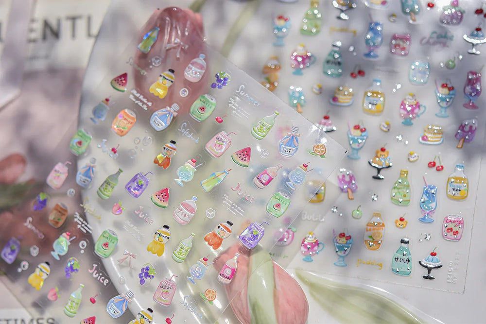 Soda Fruit Beverage Bottle Bear Watermelon Popsicle Dessert Ice Cream Cat Cherry Strawberry Bow Summer Nail Art Stickers Decals (ONLINE ORDER ONLY)