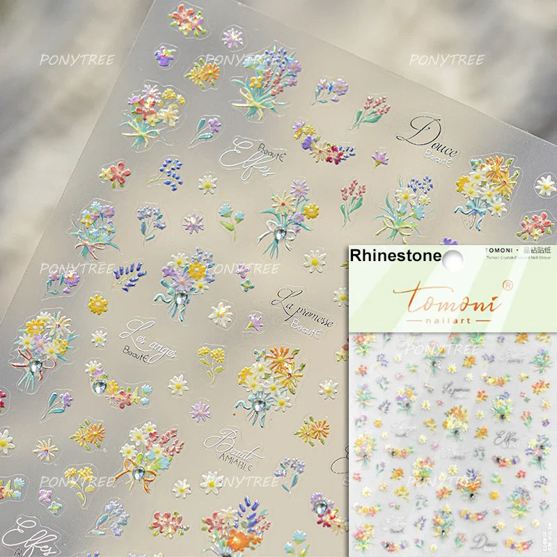 White Daisy Sunflower Green Leaves Wreath Garland Flower Cluster Bouquet Flat Adhesive Nail Art Sticker Manicure Decals Supplies (Online Order Only)