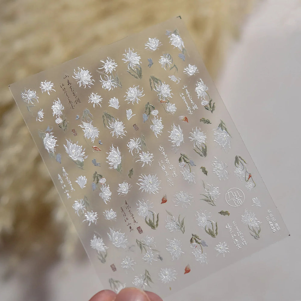 Antique Changle Flower Chrysanthemum Jade Pendant Feathers Green Leaf Adhesive Nail Art Stickers Flat Embossment Manicure Decals (Online Order Only)