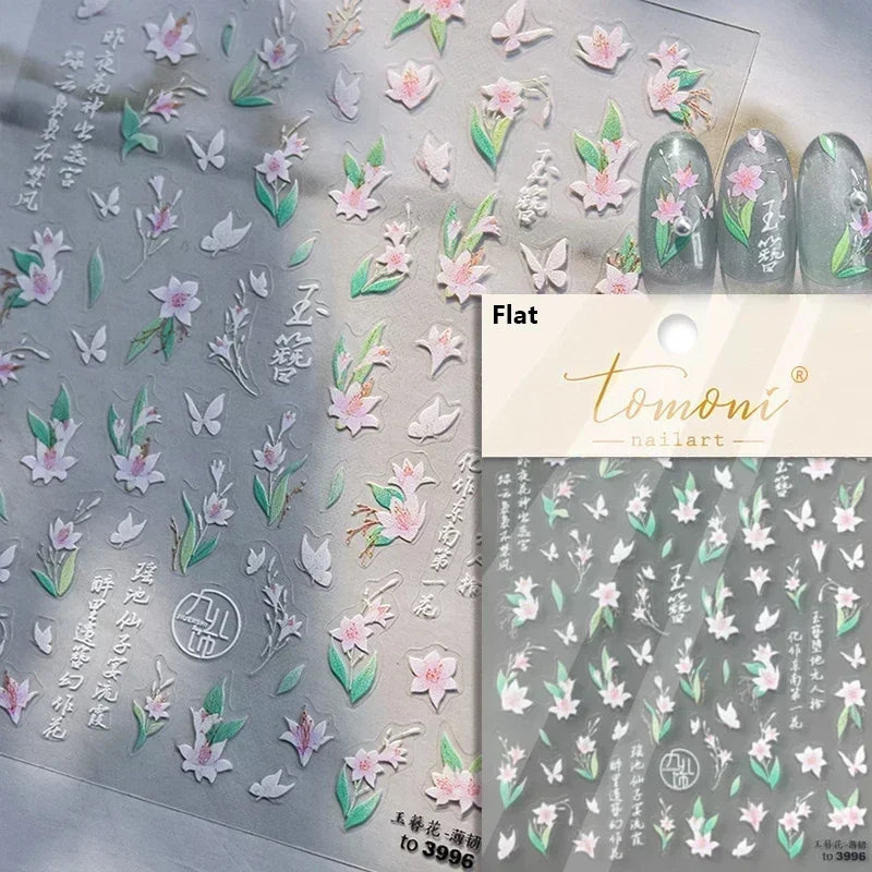 Charming Dreamy Shiny Jelly Blue Gradient Lily Flowers Rose Petal White Dot Chinese Colorful Nail Art Stickers Manicure Decals (ONLINE ORDER ONLY)
