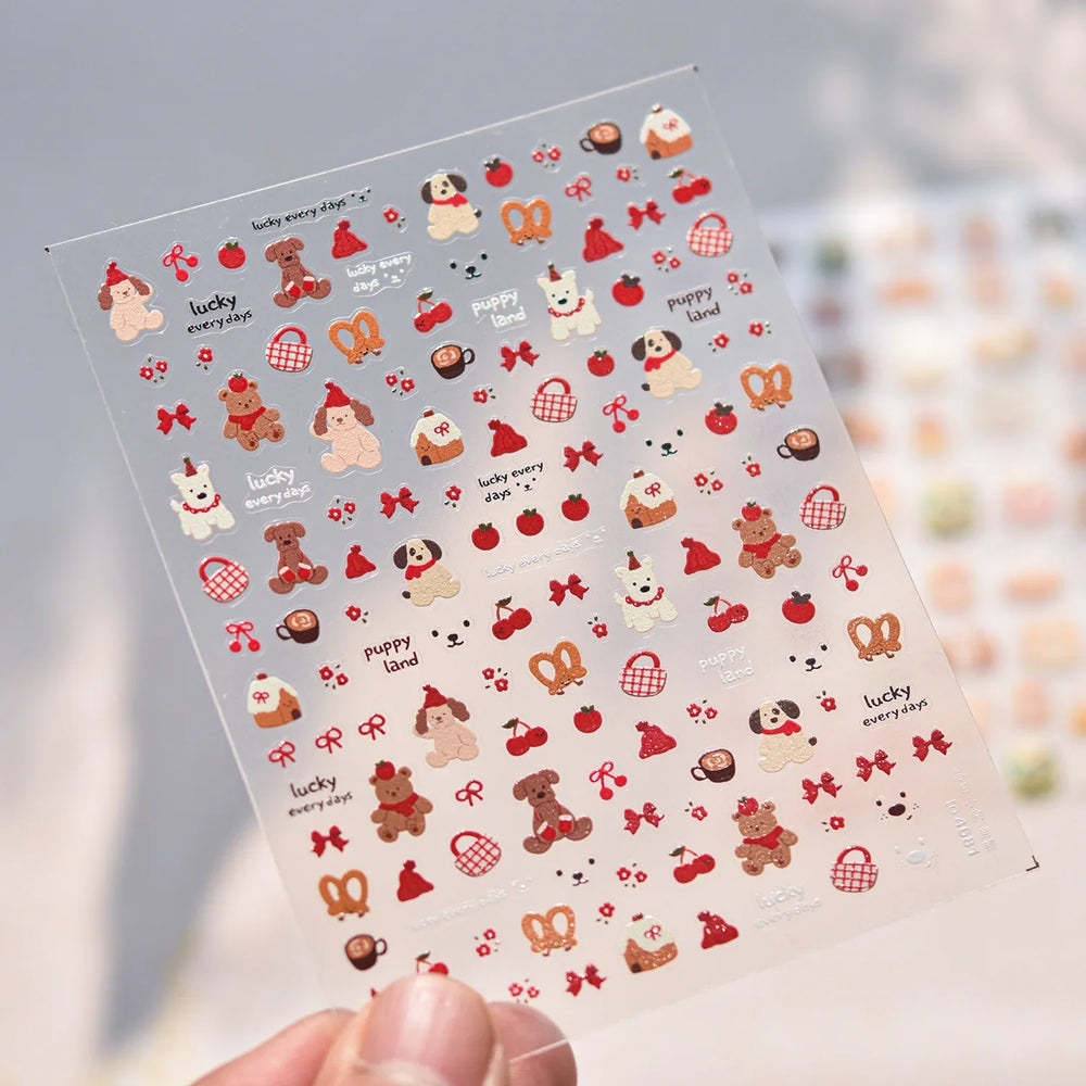 Cute Bowknot Dog Puppy Bear Strawberry Cake Fruit Juice Coffee Desserts Corgi Cherry Adhesive Nail Art Stickers Manicure Decals (ONLINE ORDER ONLY)