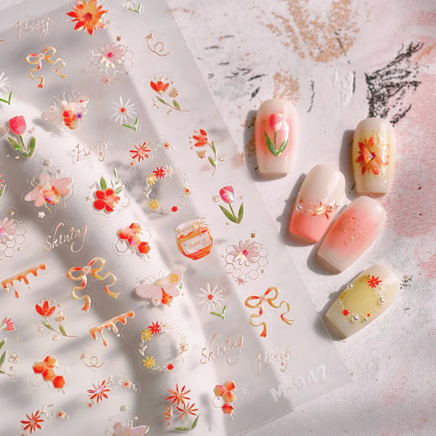 Vivid Honey Bee Ribbon Bowknot Pot Daisy Wreath Flower Shining Tulip Honeycomb Jar Self Adhesive Nail Art Sticker Manicure Decal (ONLINE ORDER ONLY)