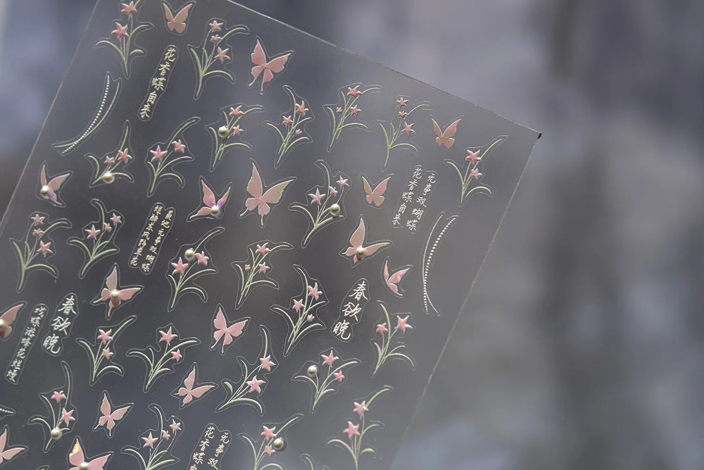 Vigorous Pink Orchid Cymbidium Antique Fragrant Thoroughwort Grass Butterfly Adhesive Nail Art Sticker Plant 3D Manicure Decals (ONLINE ORDER ONLY)