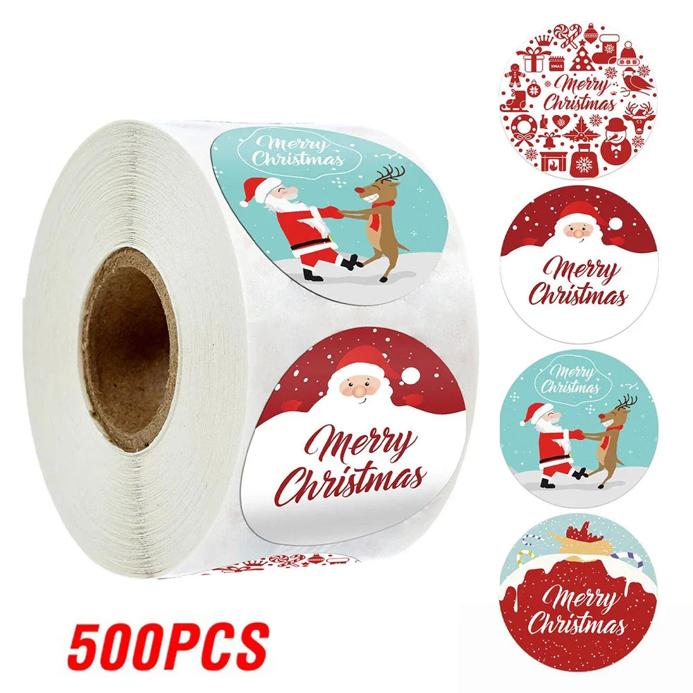100-500pcs Merry Christmas Sticker , Round Adhesive Decoration Sticker for Cards Envelope Seal Xmas Gift Wraps Box Bags (ONLINE ORDER ONLY)