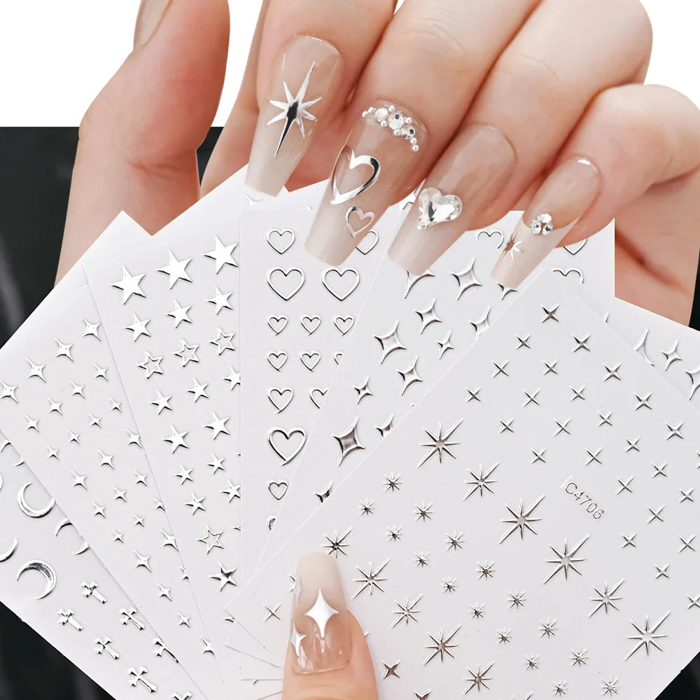 6pcs Mirror Silver Star 3D Nail Sticker Holographic Heart/Moon/Cross Design Self-Adhesive Decal Manicure Art Supplies Decoration (ONLINE ORDER ONLY)