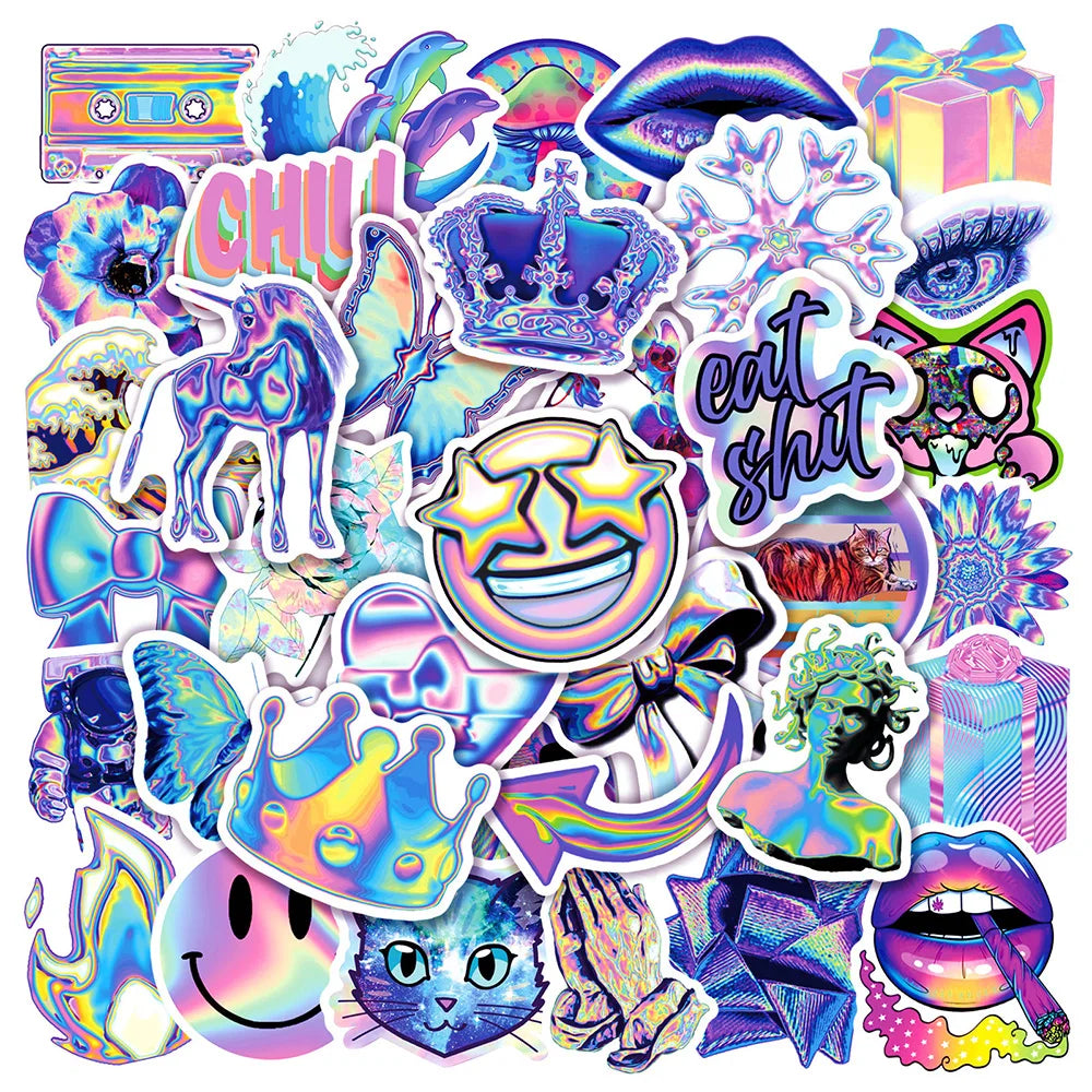 Holographic Laser Cartoon Stickers Decal Pack - Waterproof for Skateboard, Phone, Car, Motorcycle, Luggage (Online Order Only)