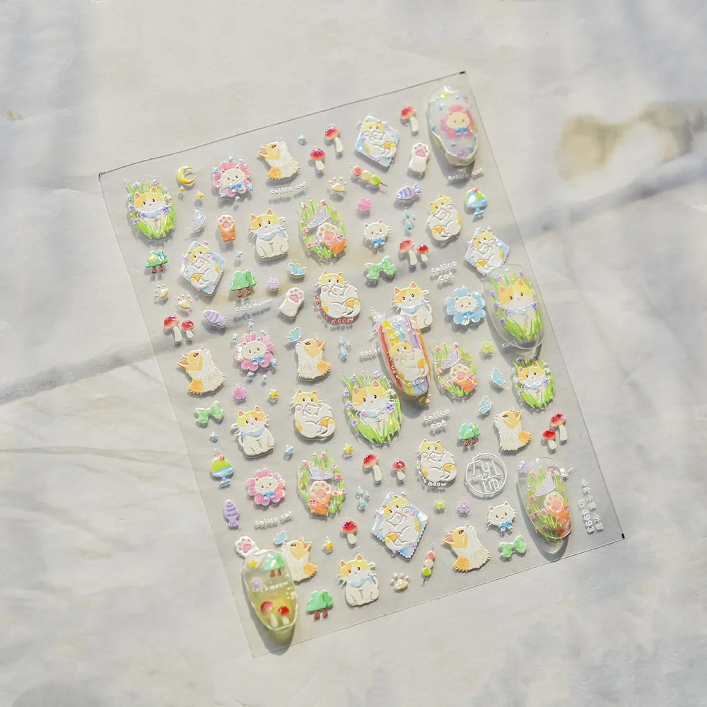 Picnic Cat Kitten Bowknot Flower Fish Butterfly Tree Mushroom Star Moon Cat's Paw Adhesive Nail Art Sticker Cute Manicure Decals (Online Order Only)
