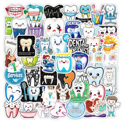 10/50pcs Funny Dental Stickers Dentist Sticker Care for Teeth Cartoon Decals Graffiti DIY Luggage Laptop Phone Car Skateboard (Online Order Only)