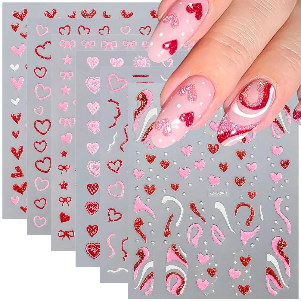 1Pc Red Pink White Heart Bow Nail Art Stickers with Glitter Sequins 5D Self Adhesive Nail Decorations Slider Decals DIY Manicure (ONLINE ORDER ONLY)