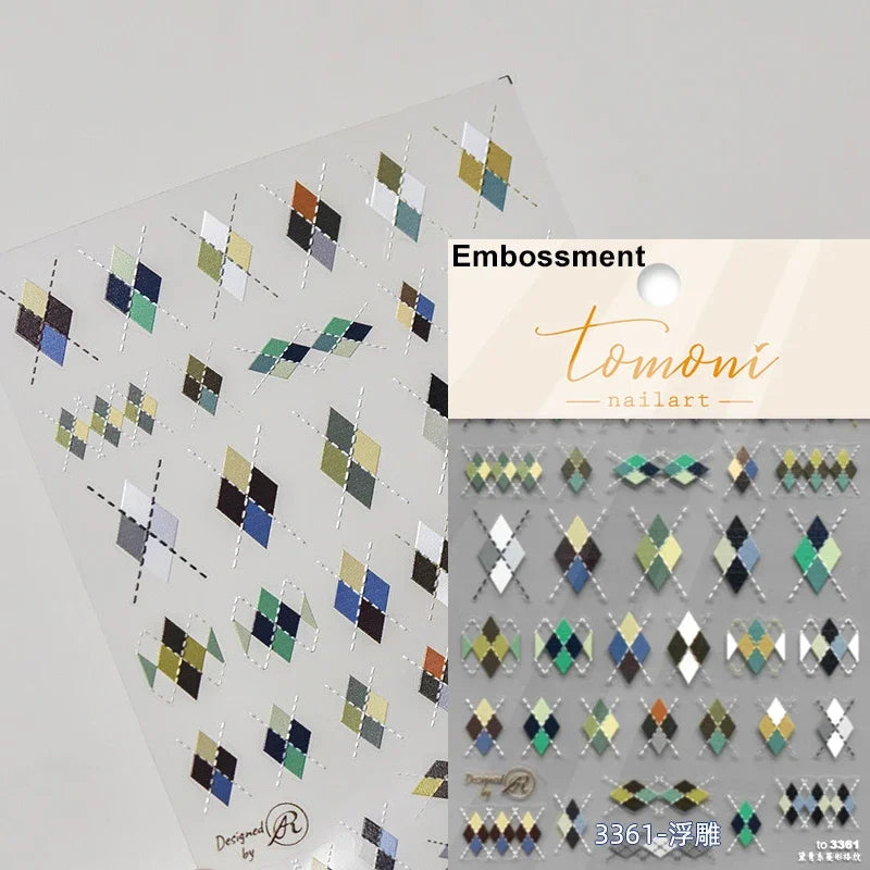 French Style Colorful Square Grid Rhombus Stripe Bowknot Line 3D Self Adhesive Nail Art Stickers Shiny Rhinestone Manicure Decal (Online Order Only)