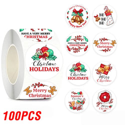 100-500pcs Merry Christmas Sticker , Round Adhesive Decoration Sticker for Cards Envelope Seal Xmas Gift Wraps Box Bags (ONLINE ORDER ONLY)