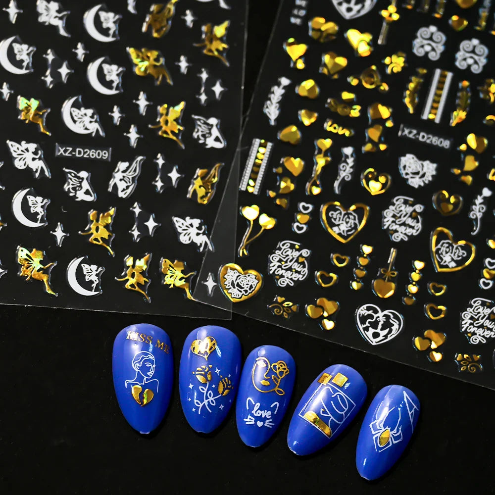 1PC Holographic Laser Heart Nail Stickers-3D Self-Adhesive Golden White Valentines Day Nail Decals For Women Nail Art Decoration (ONLINE ORDER ONLY)