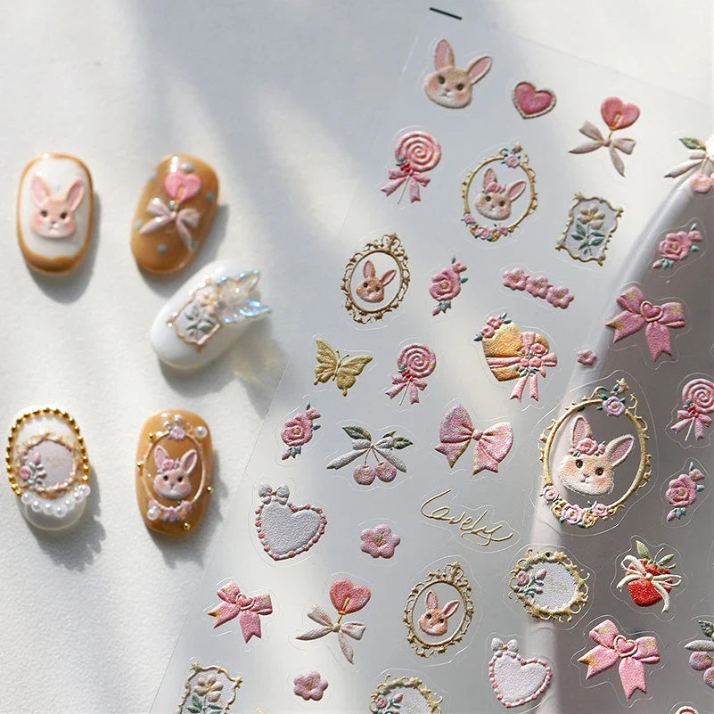Cute Rabbit Fan Peach Blossom Teacup Lollipop Strawberry Star Cherry Hat Soft Embossed Adhesive Nail Art Stickers Manicure Decal (ONLINE ORDER ONLY)