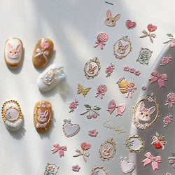 Cute Rabbit Fan Peach Blossom Teacup Lollipop Strawberry Star Cherry Hat Soft Embossed Adhesive Nail Art Stickers Manicure Decal (ONLINE ORDER ONLY)