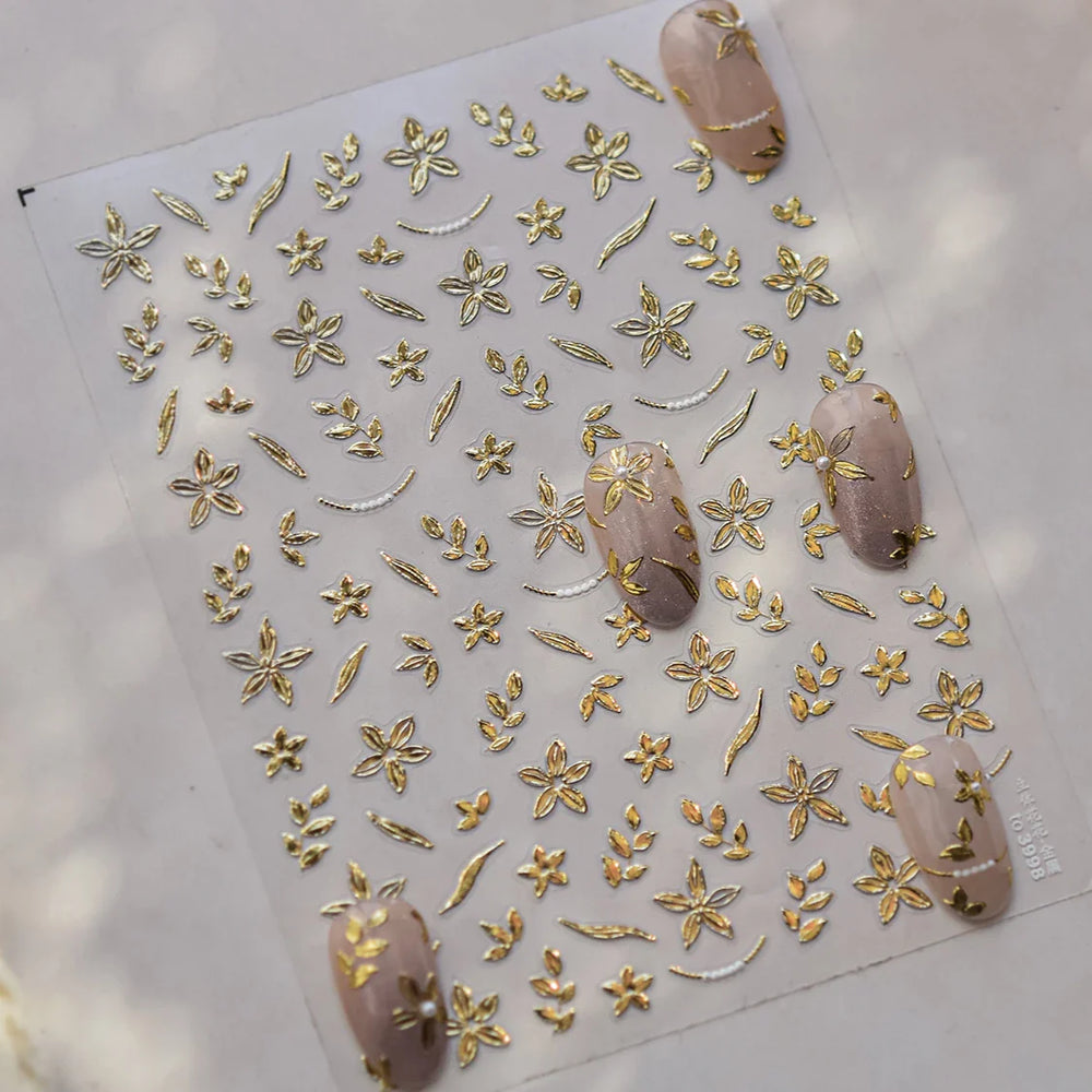 Gold Hot Stamping Flowers Leaves 3D 5D Pearl Bead Delicate Self Adhesive Nail Art Decorations Stickers Manicure Decals Wholesale (Online Order Only)