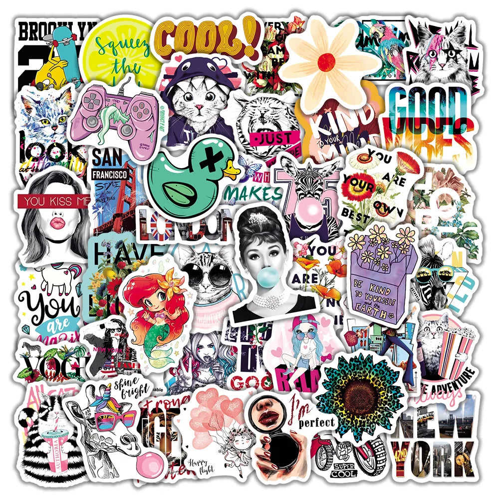 50pcs Cartoon Graffiti Stickers for Wall & Desktop Decoration with Storage Box (Online Order Only)