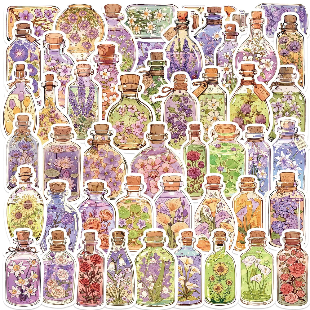 50PCS Flower Glass Bottle Stickers DIY Skateboard Laptop Luggage Bike Motorcycle Phone Car Decals (Online Order Only)