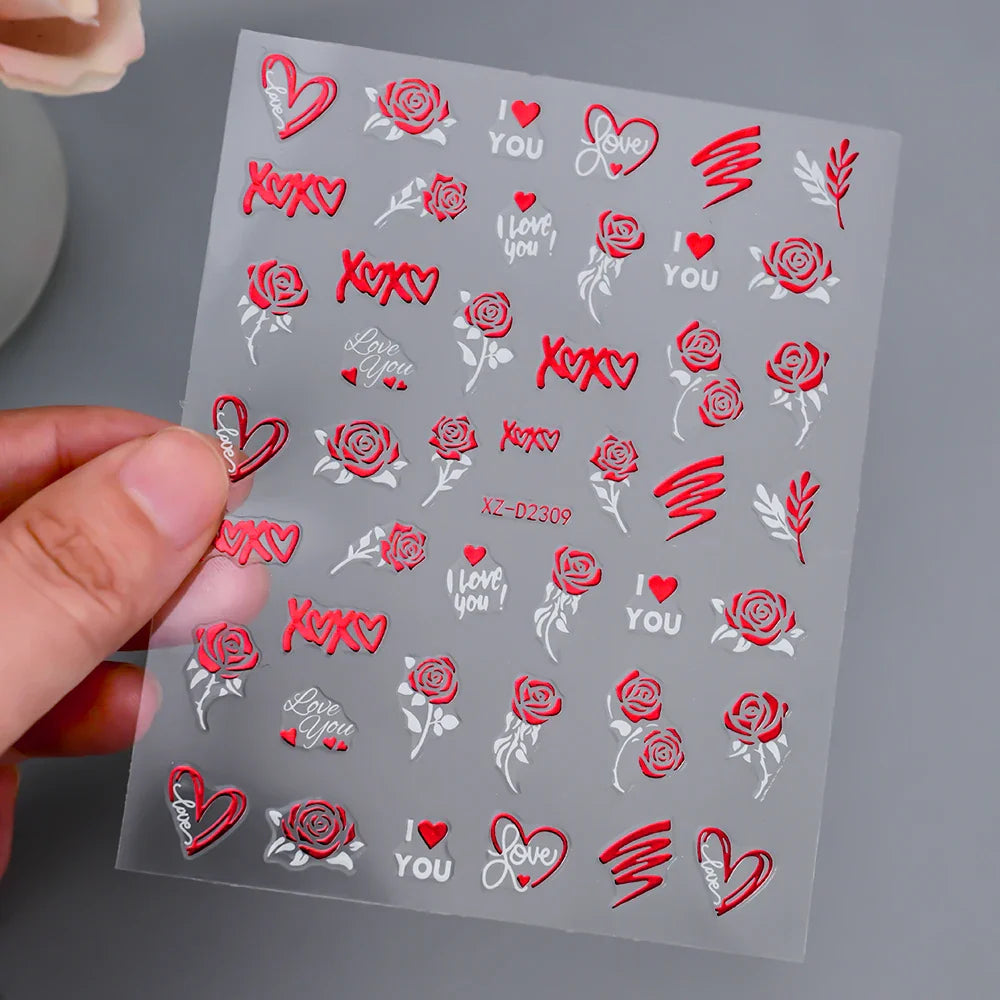 1PC Holographic Laser Heart Nail Stickers-3D Self-Adhesive Golden White Valentines Day Nail Decals For Women Nail Art Decoration (ONLINE ORDER ONLY)