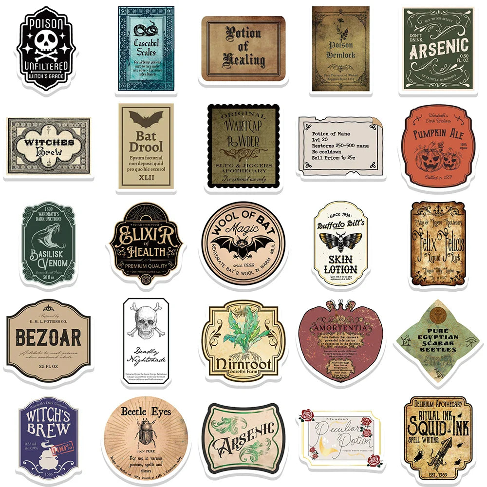 10/30/50pcs Funny Vintage Potion Label Graffiti Stickers Poster Skateboard Laptop Motorcycle Car Phone Waterproof Sticker Toy (ONLINE ORDER ONLY)