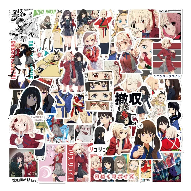 Lycoris Recoil Anime Stickers 50pcs for Luggage, Water Bottles, Phones, Laptops, Cars, Scooters, Fridges (ONLINE ORDER ONLY)