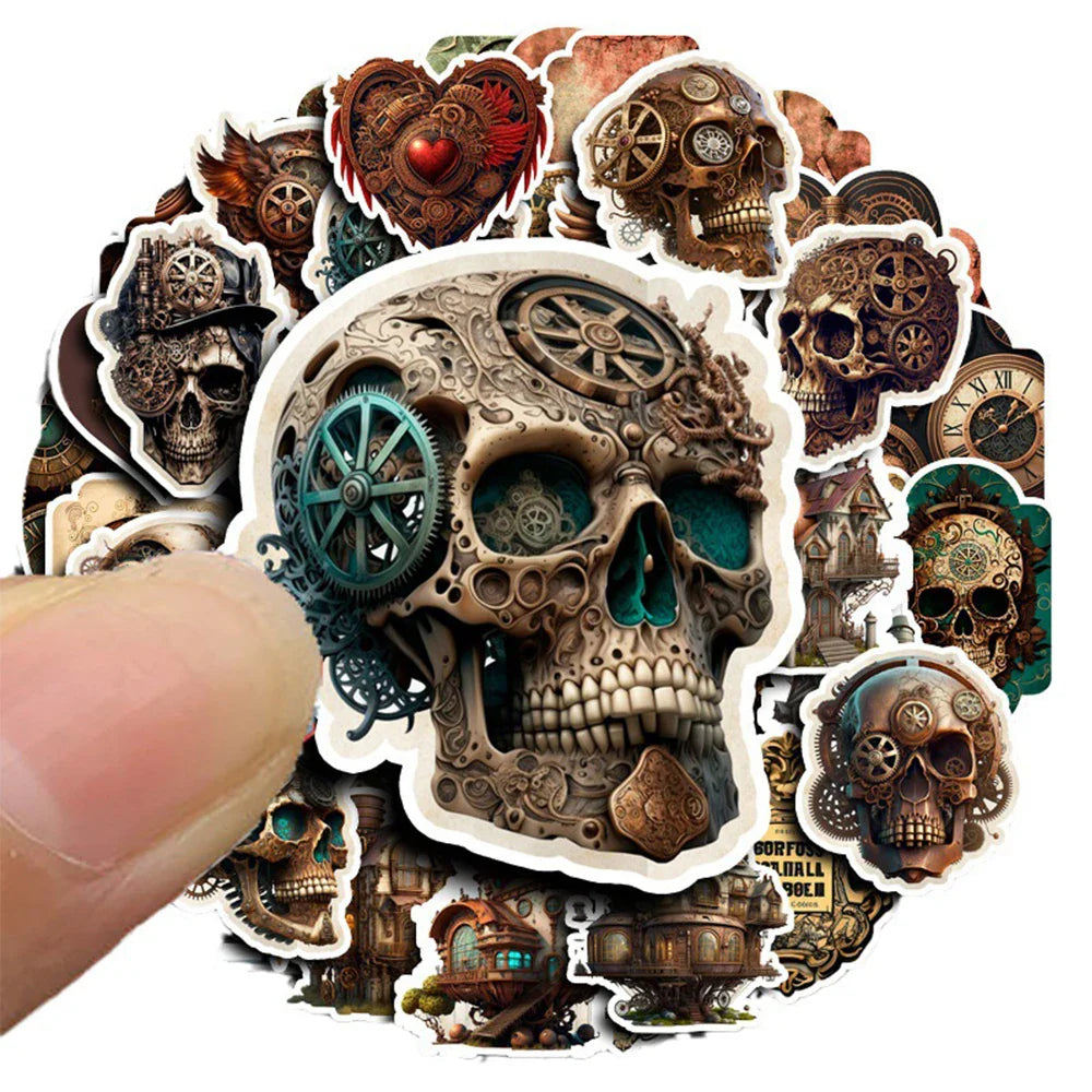 10/30/50pcs Vintage Steampunk Skull Collection Sticker Packs (ONLINE ORDER ONLY)