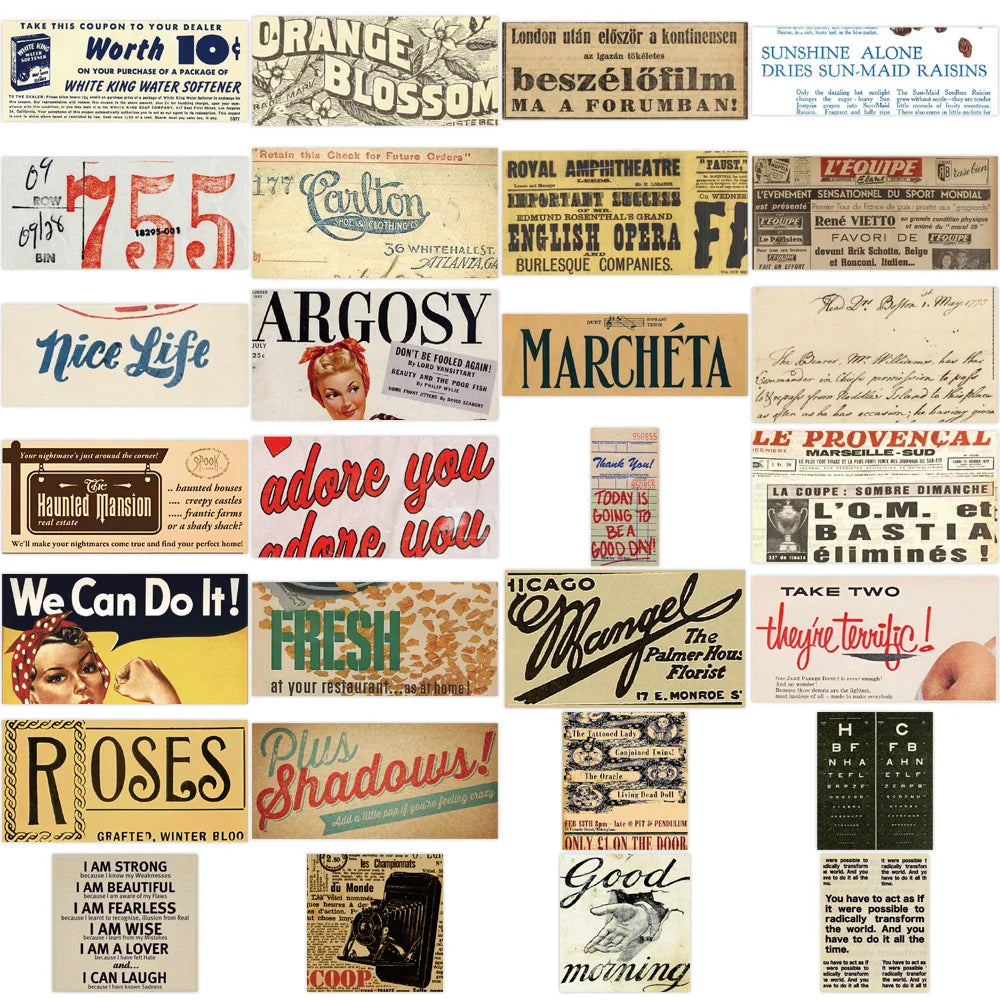 10/29/58pcs Retro English slogan Stickers Decals Cartoon Graffiti DIY  Notebook Luggage Wall Decoration PVC Sticker (Online Order Only)