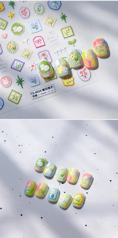 Cat Kitten Rabbit Flower Bouquet Bowknot Vase Bunny Grid Star Blocks Round Warm Sun Decoration Nail Art Stickers Manicure Decals (ONLINE ORDER ONLY)