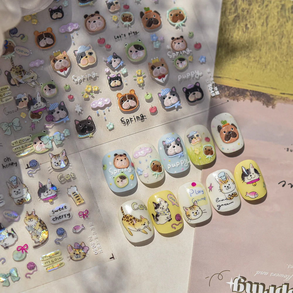 Cute Leopard Cat Ginger Cat Paw Bowknot Knitting Wool Ball Fish Self Adhesive Nail Art Stickers IllusionChic Manicure Decals (ONLINE ORDER ONLY)