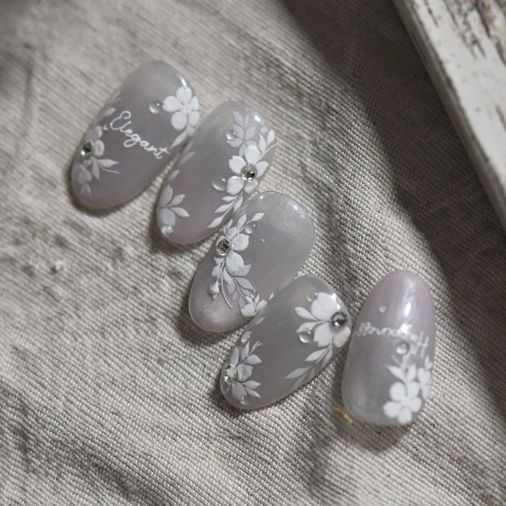 Wet Garden White Flower Leaves Elegant Beautiful Petal Delicate 5D 3D Charming Spring Adhesive Nail Art Stickers Manicure Decals (ONLINE ORDER ONLY)