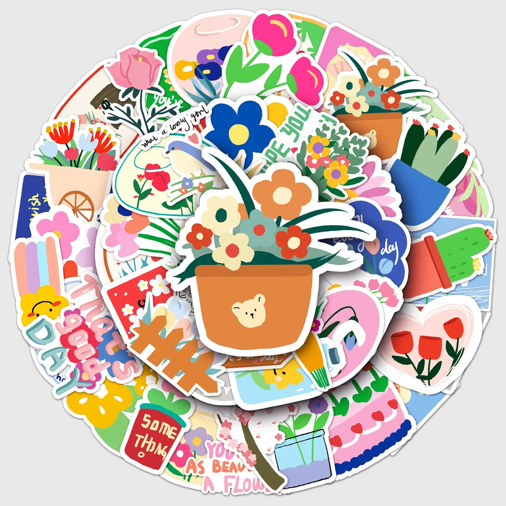 50Pcs Cute Waterproof Flower Cartoon Vinyl Stickers for Skateboard Snowboard Decals (Online Order Only)