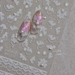 French Romantic Lace Flower Fabric Art Pearl Pendant Portrait Bowknot Textile Printing Delicate Nail Art Stickers Manicure Decal (ONLINE ORDER ONLY)