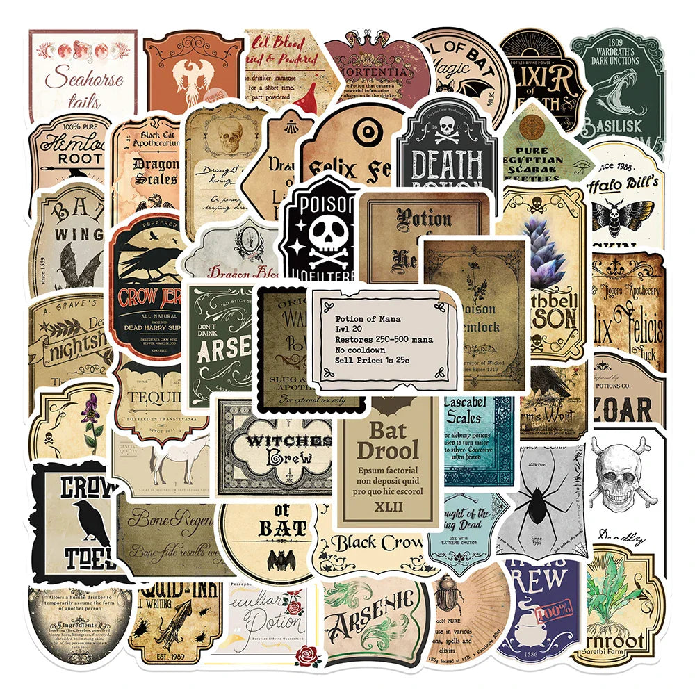 10/30/50pcs Funny Vintage Potion Label Graffiti Stickers Poster Skateboard Laptop Motorcycle Car Phone Waterproof Sticker Toy (ONLINE ORDER ONLY)