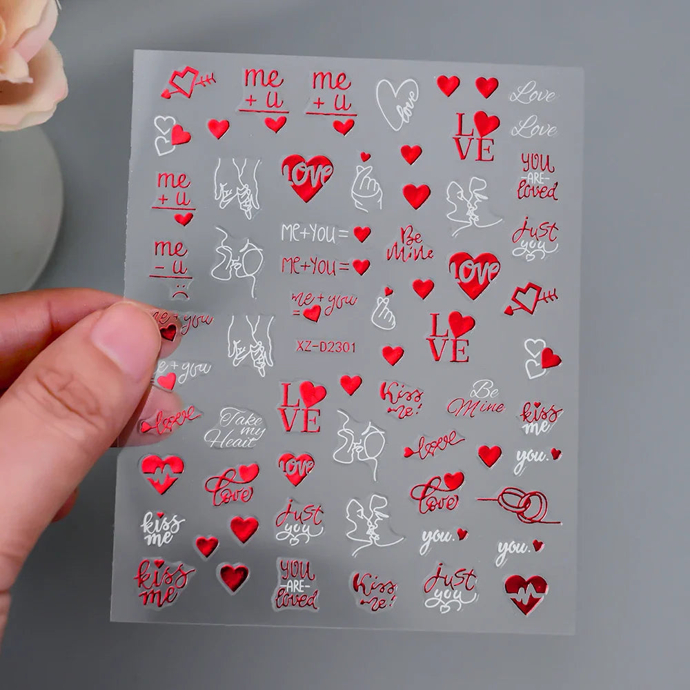 1PC Holographic Laser Heart Nail Stickers-3D Self-Adhesive Golden White Valentines Day Nail Decals For Women Nail Art Decoration (ONLINE ORDER ONLY)
