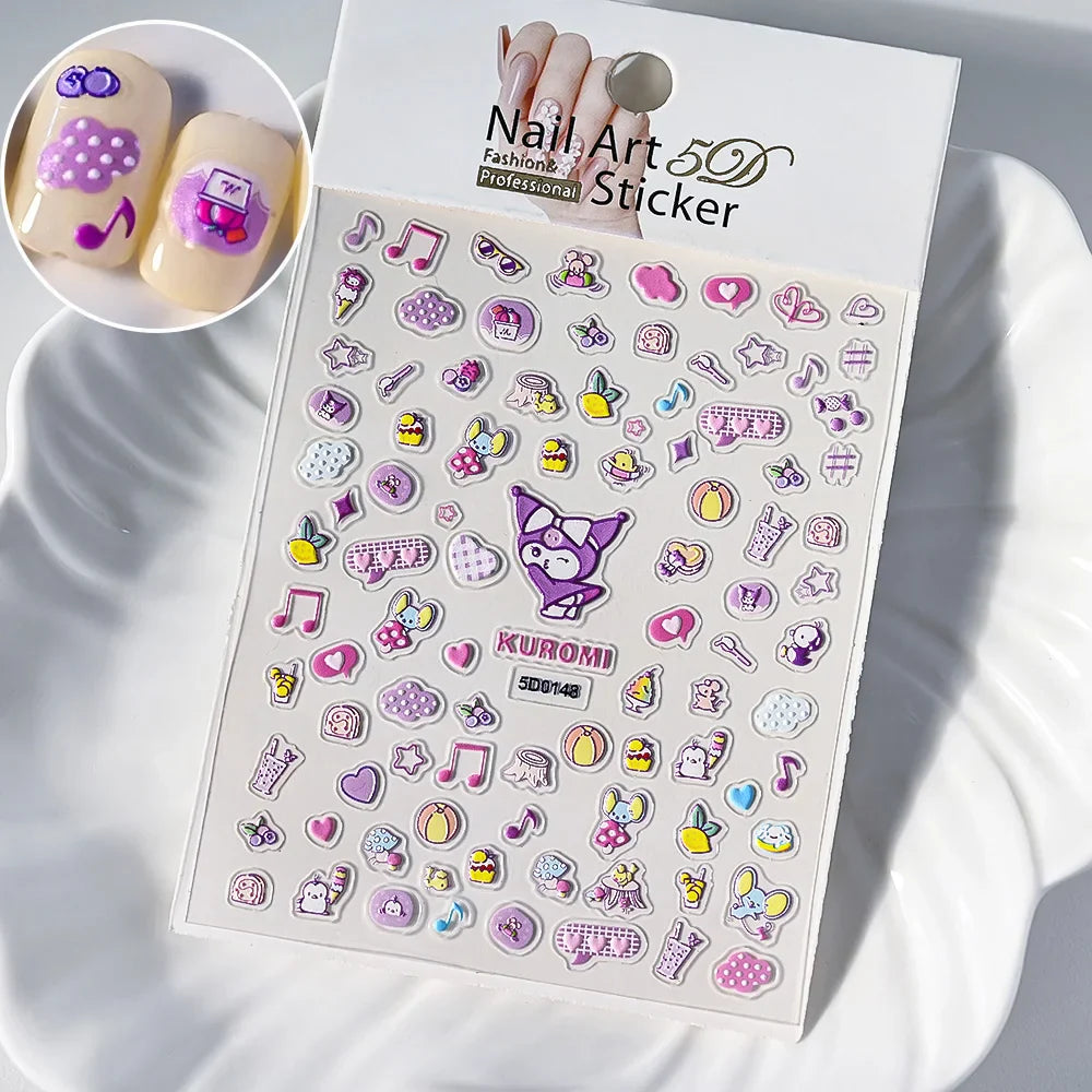 1pc 5D Cartoon Nail Art Stickers Waterproof Matte Finish with Kuromi, Cinnamoroll & Hello Kitty Designs Perfect for DIY Manicure (Online Order Only)
