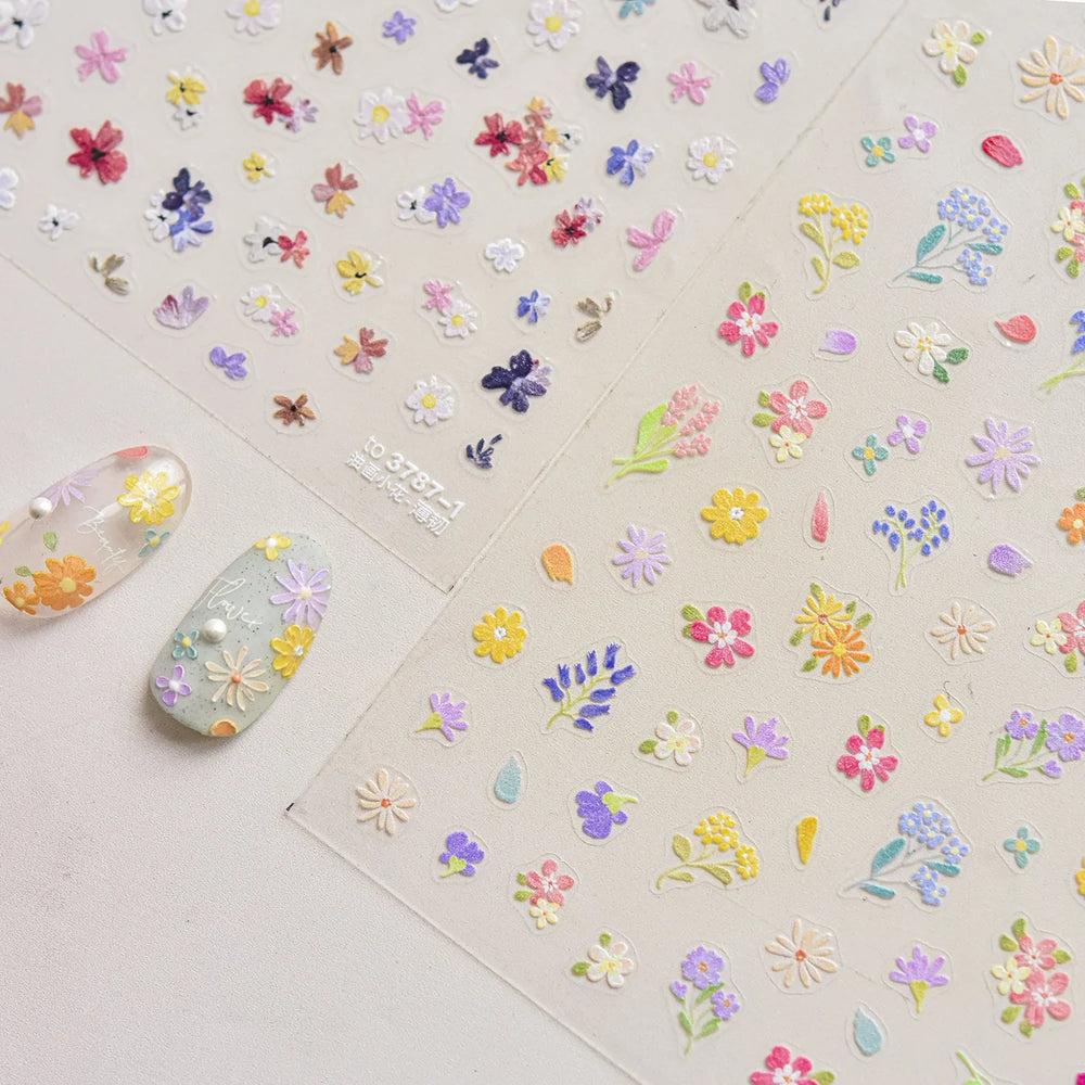 Wild Flower Oil Painting Small Variegated Daisy Peach Blossom Lavender Spring Petal Adhesive Nail Art Stickers Manicure Decals (Online Order Only)