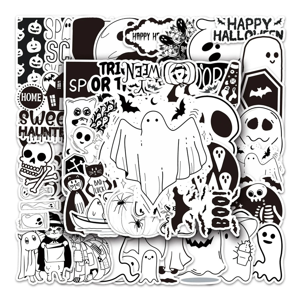 50Pcs Halloween Black White Cartoon Waterproof Vinyl Stickers for Skateboard Snowboard (Online Order Only)