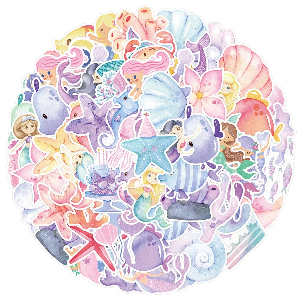 Watercolor Mermaid Stickers 10/30/50PCS for Phone Laptop Luggage Skateboard Kids (ONLINE ORDER ONLY)