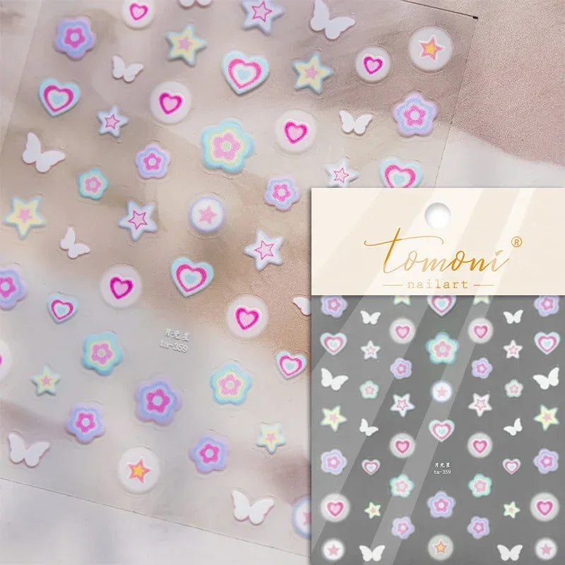 Colored Crystal Star Love Heart Shiny Silver Hollowed Smudging Rainbow Flower Jelly Embossed Nail Art Stickers Manicure Decals (ONLINE ORDER ONLY)