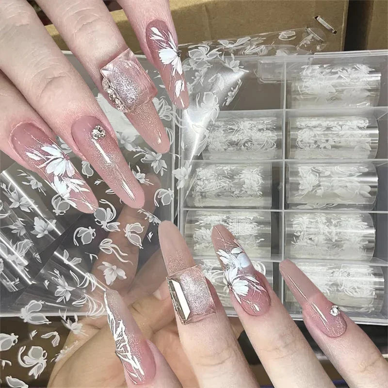 10 Rolls White Flower Petal Butterfly Design Nail Foil Transfer Stickers Glossy Glitter Nail Art Supplies for Women & Girls DIY* (ONLINE ORDER ONLY)