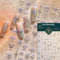 Retro Blue Bowknot Butterfly Love Heart Pendent Hot Stamping Gold Silver Adhesive Nail Art Stickers Manicure Decals Wholesale (Online Order Only)