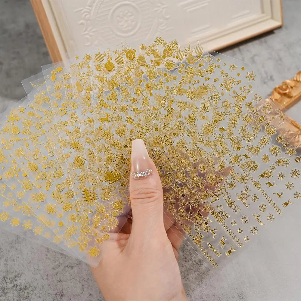3D Gold Glitter Snowflake Nail Sticker Winter Reflective Elk Star Balloon Christmas Tree Foil Xmas New Year Decal Tips Decoratio (ONLINE ORDER ONLY)