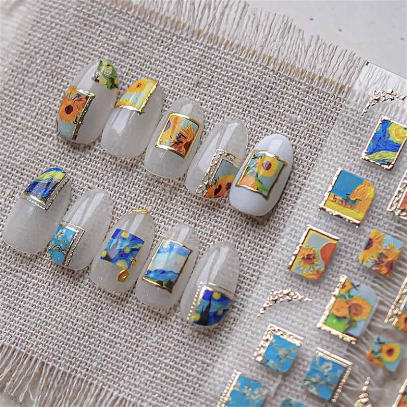 Hot Stamping Colourful Sunflower Starry Night Impressionism Embossment Adhesive Nail Art Sticker Shiny Rhinestone Manicure Decal (Online Order Only)