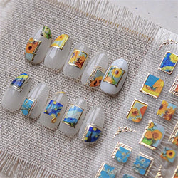 Hot Stamping Colourful Sunflower Starry Night Impressionism Embossment Adhesive Nail Art Sticker Shiny Rhinestone Manicure Decal (Online Order Only)